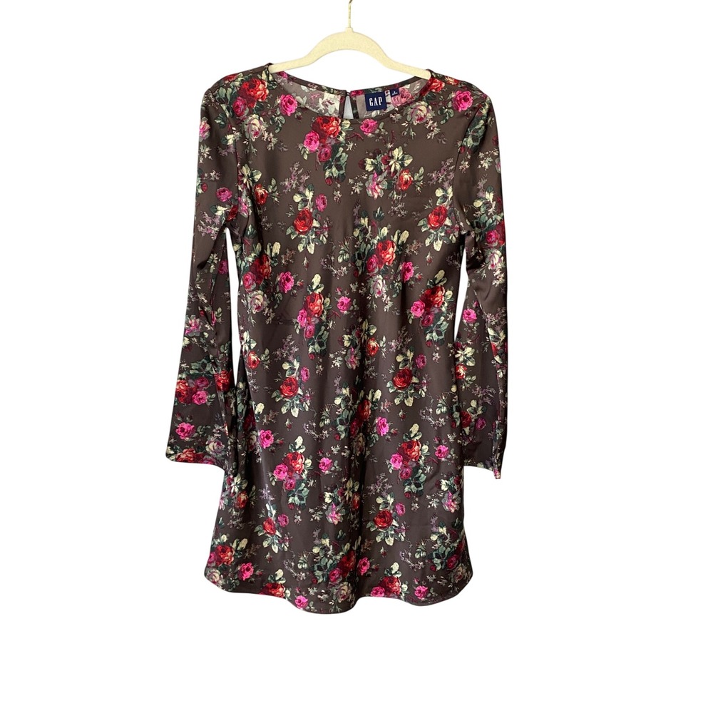 Gap Womens Brown Red Floral Rose Long Sleeve Shift Dress Small Keyhole Back